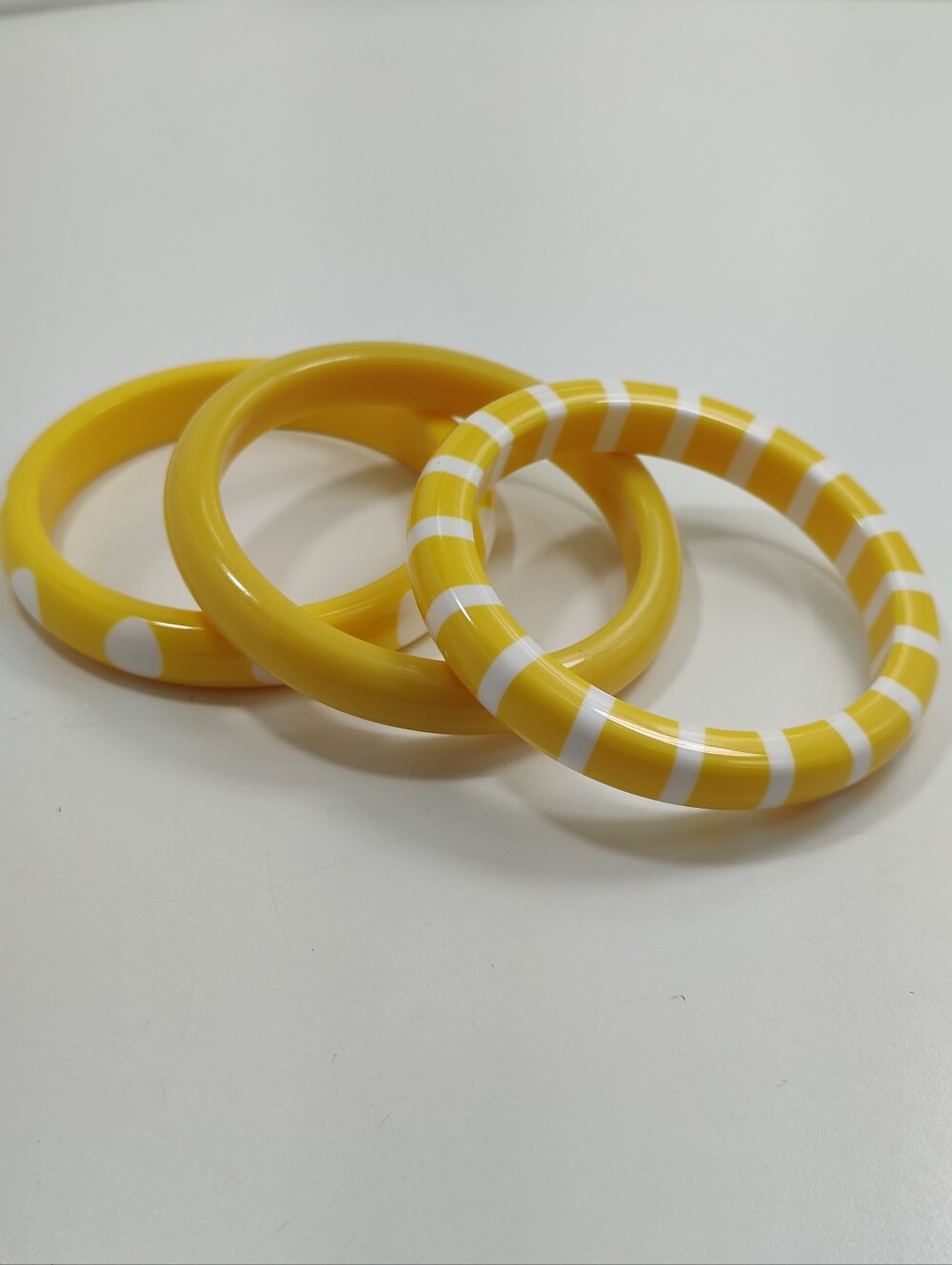 Vintage Yellow White Bangle Bracelet Set of 3 Lucite Style Striped Polka Dot